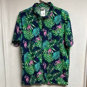 Issac Morris IML flamingo HAWAIIAN short sleeve button shirt green blue mens L‎